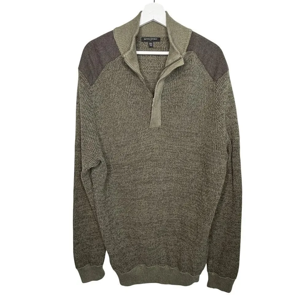 Banana Republic 1/4 Zip Knit Sweater with Shoulder Patches Olive Green Men's XXL